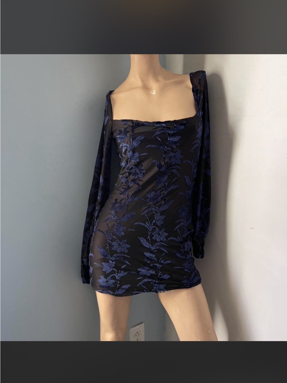Velvet Black Mini Dress with Navy Floral Burnout